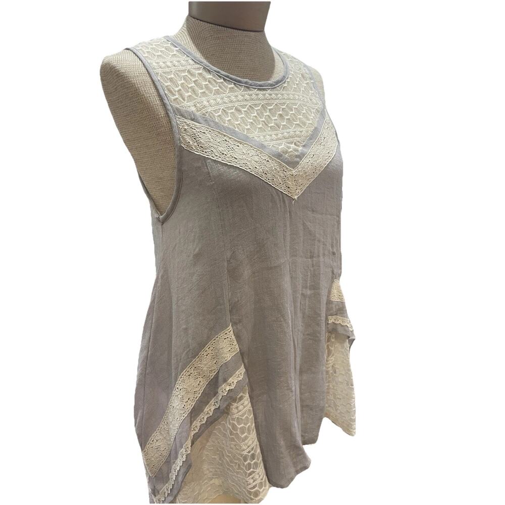 Shimmer Gray Tunic Tank Top Crochet Trim Lace Inset Waterfal M Festival Boho Y2K
